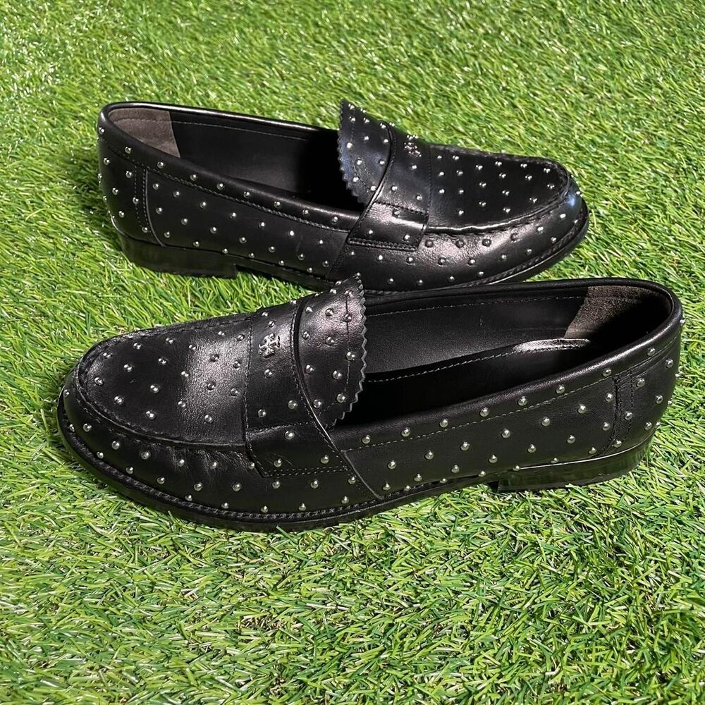 Tory Burch gothic black Italian leather studded chrome loafers Size 8.5